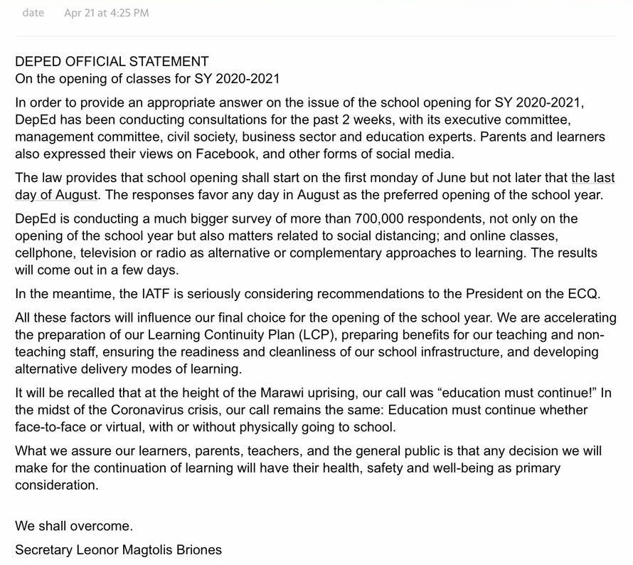 Deped Official Statement for opening of classes for SY 2020- 2021